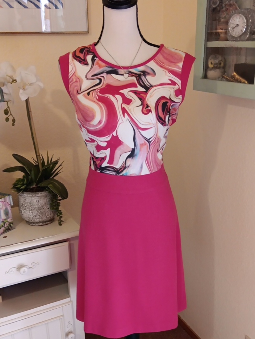 LAFAYETTE 148 Sleeveless Pink Swirl Print Silk And Wool Blend A-Line Dress